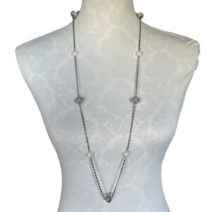 Avon Silver-Tone Station Necklace with Faux Pearls & Brutalist Style Beads